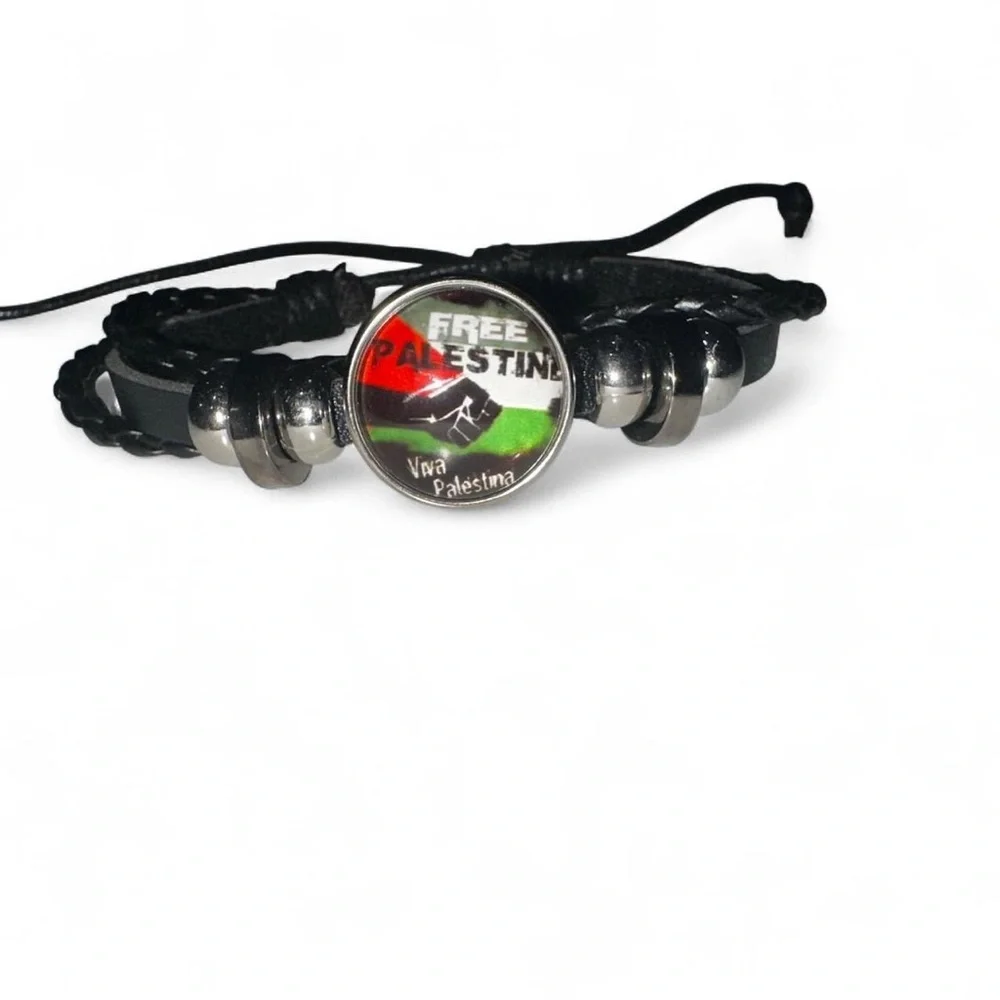 Black Braided Bracelet with Free Palestine Design and adjustable cords